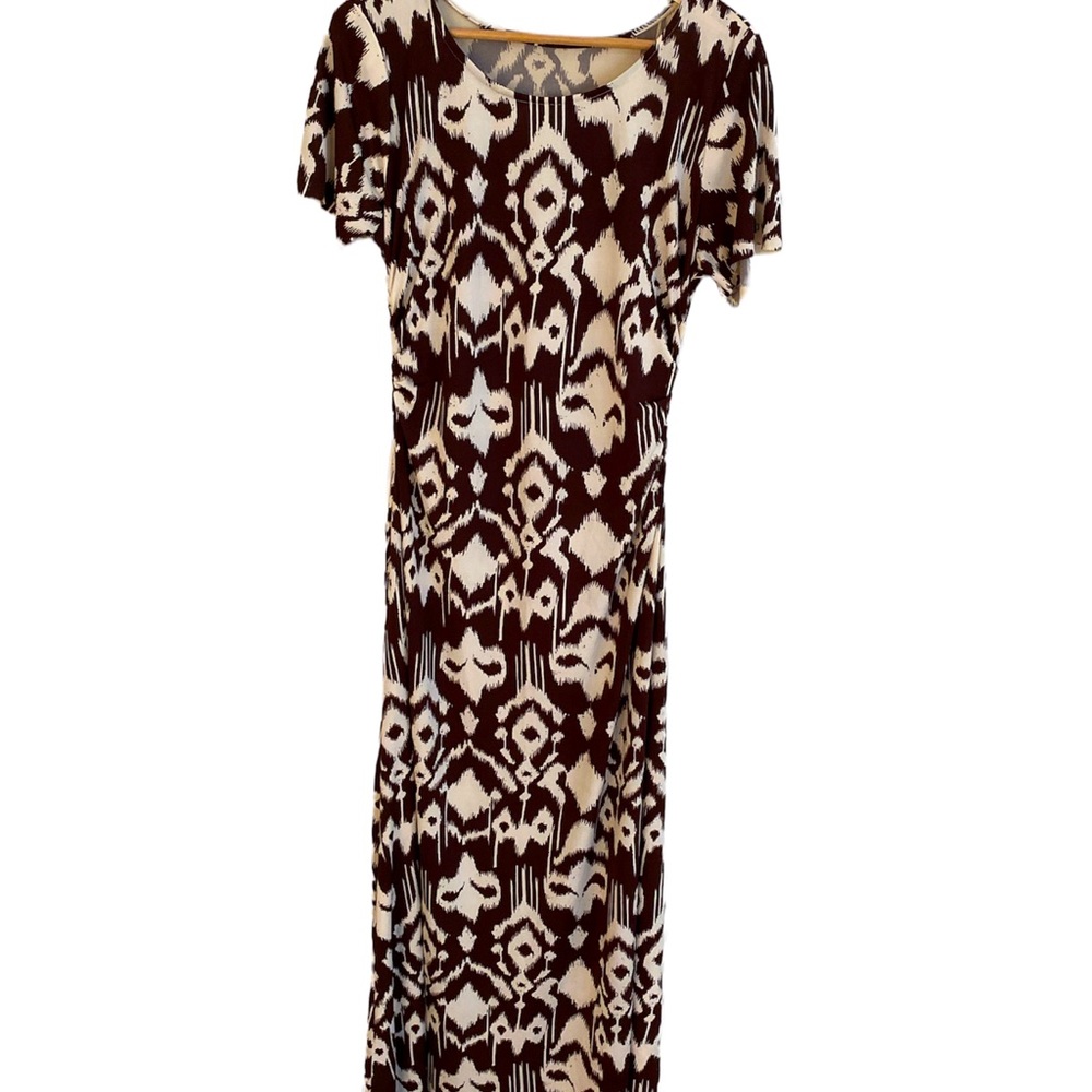 Handmade Brown and White Modest Maxi Short Sleeve Patterned Dress